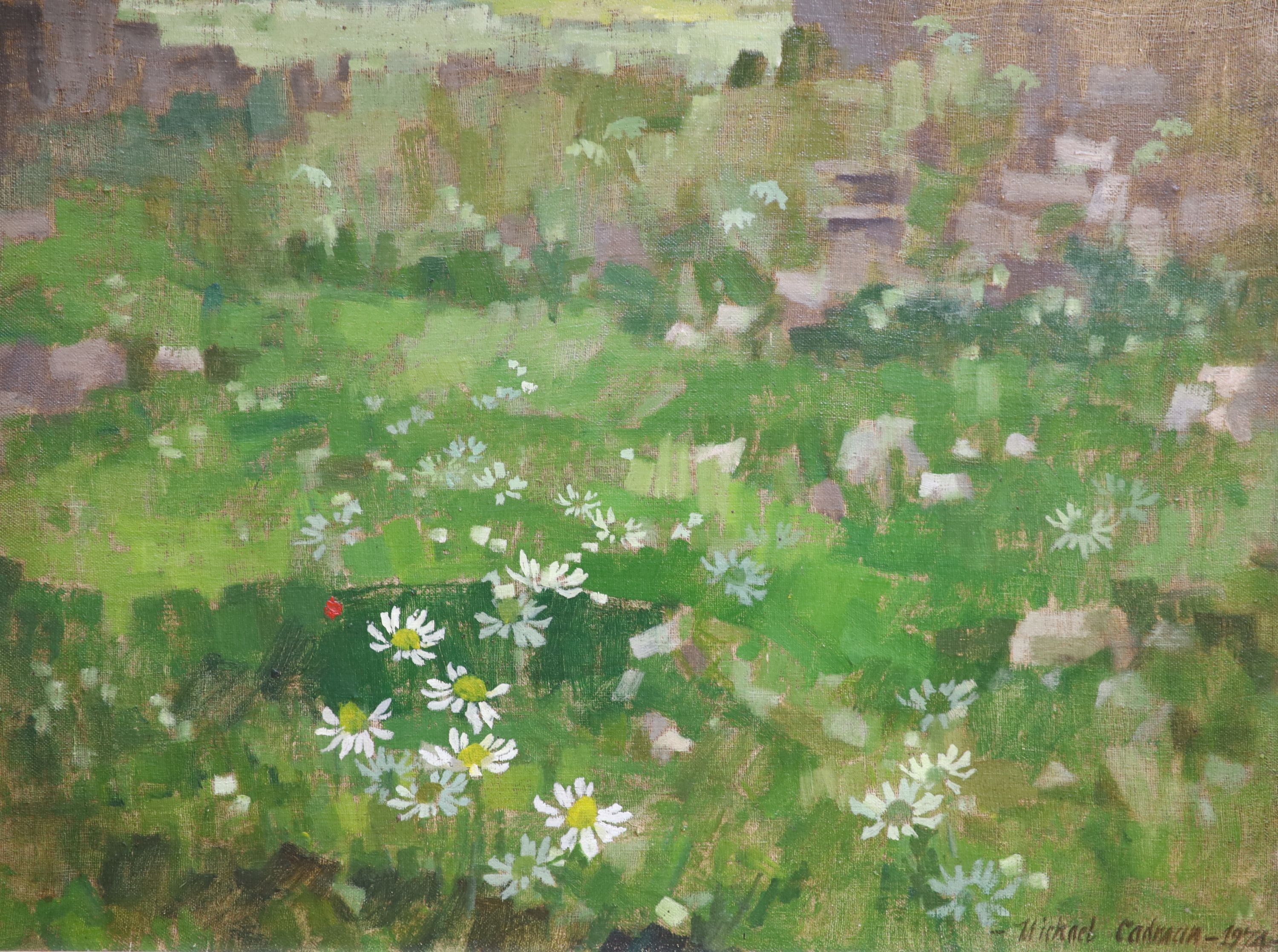 Michael Cadman (1920-2010), two oils on board, Abstract landscape 1964 and Farmyard, France, both signed, 40 x 60cm and 44 x 60cm